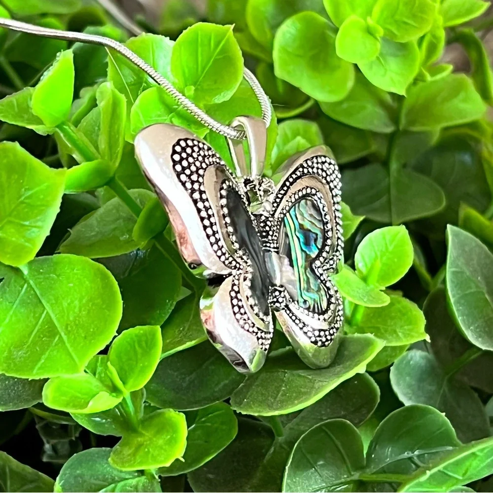 Abalone‎ Butterfly Necklace Silver Tone